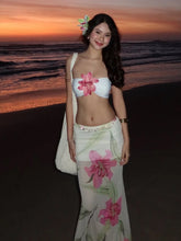 BXOXO Vacation Pretty Women Two-Piece Set 3d Flowers Bandeau Mini Top+See Through Print Bottoms Beach Party Matching Suits